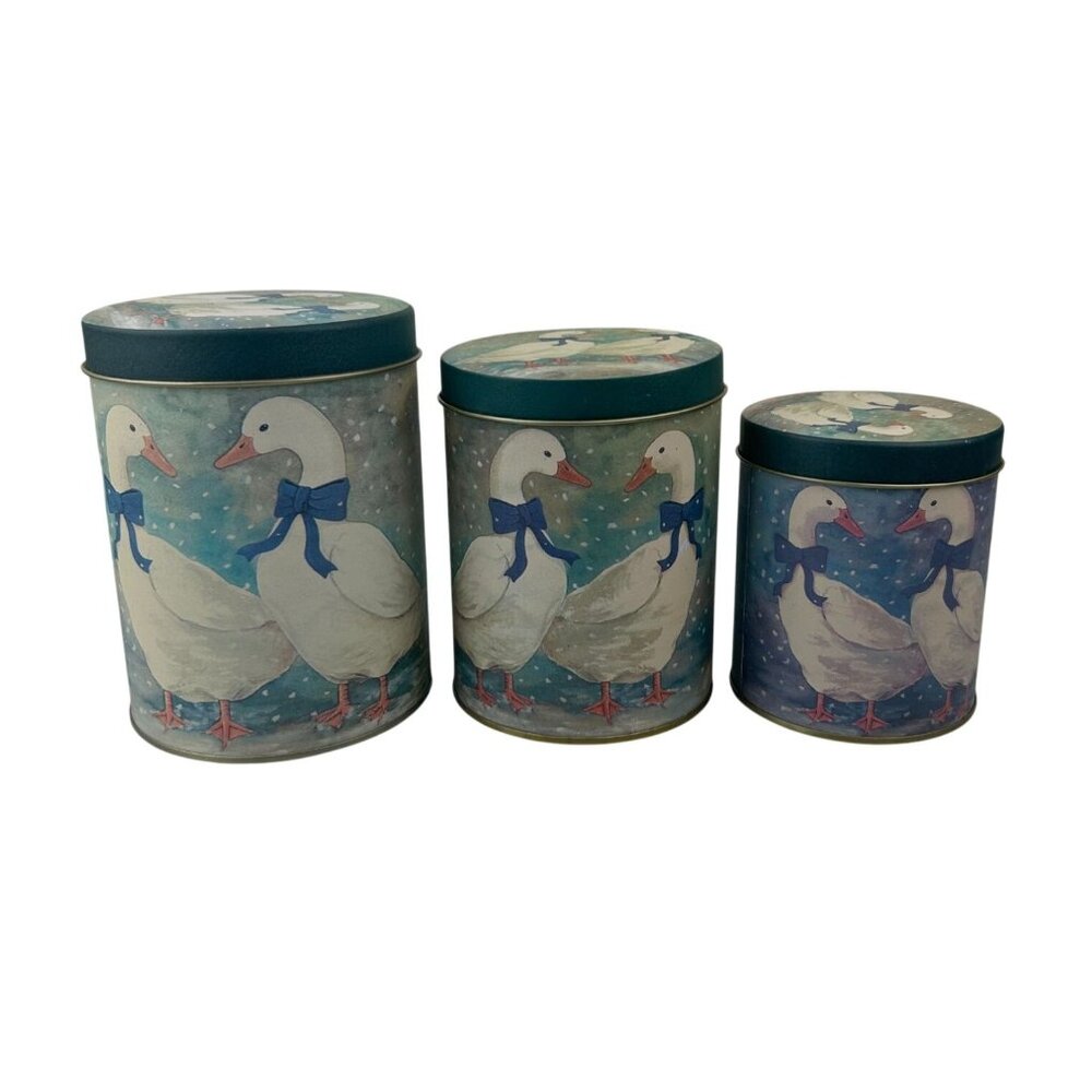 Vintage Cottagecore Set of 3 Goose with Blue Bow Tin Canisters Country Farm READ